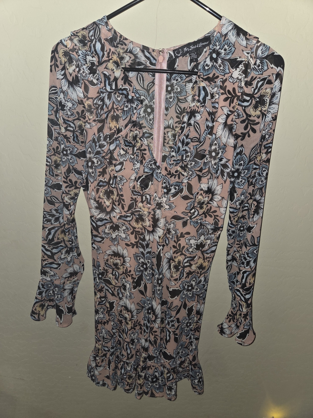 For Love And Lemons Blush Pink Floral Long-Sleeve Ruffle Dress